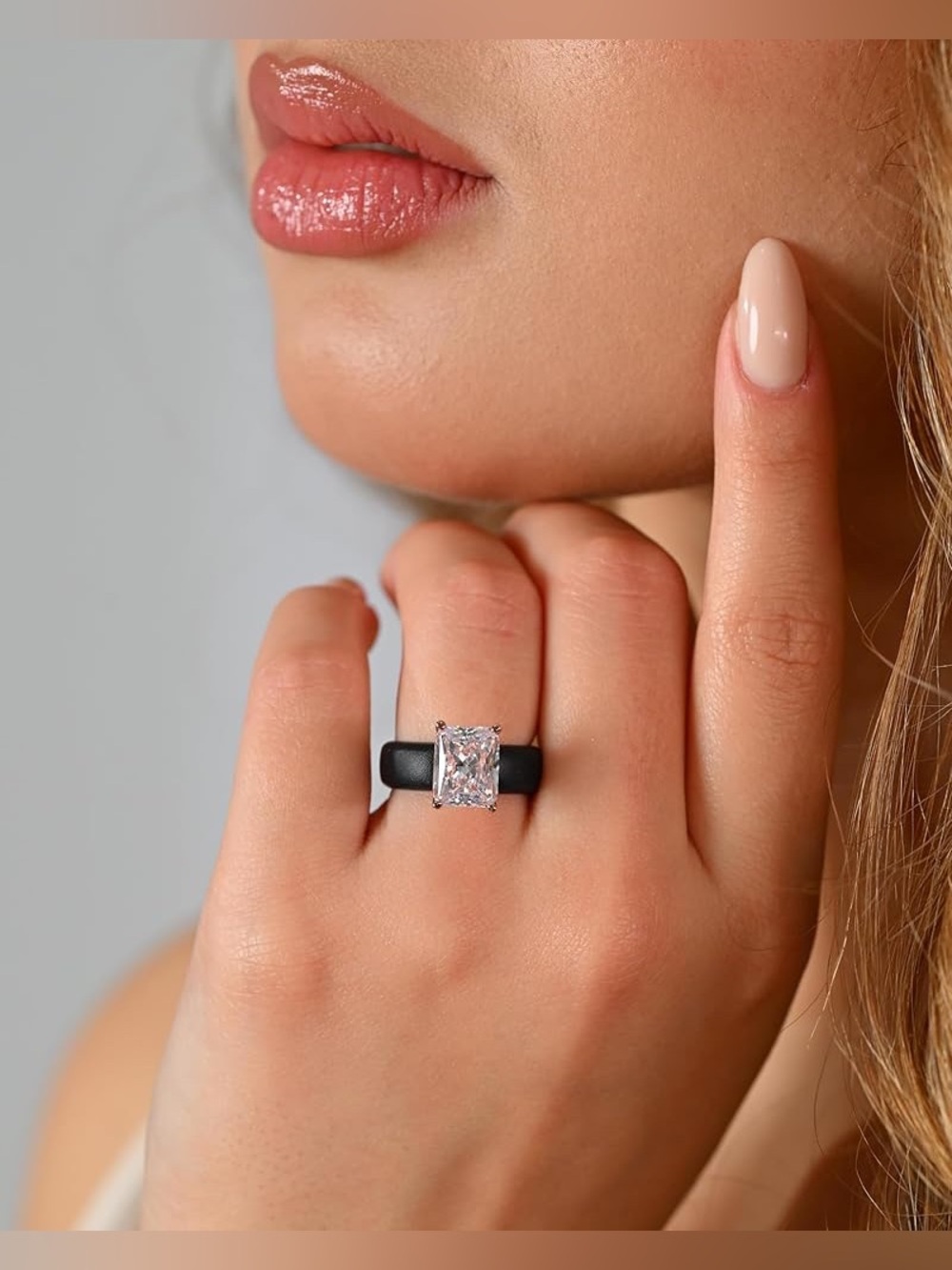 Black Silicone Band Ring Rose Gold Prong Emerald-Cut Stone Wedding Size 6 - Picture 4 of 7
